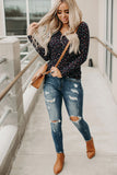 Navy Button V Neck Long Sleeve Floral Top