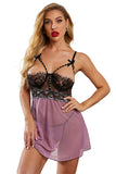 Purple Rhinestone Decor Lace Mesh Babydoll