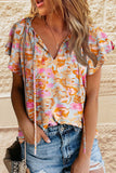 color Split V Neck Flutter Sleeve Flower Blouse