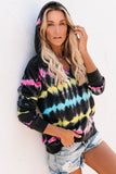Black V Neck Tie-dye Elastic Cuff Hoodie