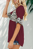 Wine Leopard Stitching Pleated Casual Top