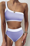 Purple One Shoulder Patchwork High-waisted Bikini Set