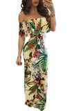 Turquoise Roses Print Off-the-shoulder Maxi Dress