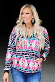 Multicolor Western Aztec Pattern Zipped Turn-down Collar Sweatshirt