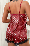 V Neck Sleeveless Lace Polka Dot Pajamas Set