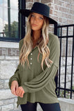 Buttoned V Neck Drop Shoulder Waffle Knit Top
