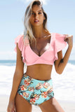 Floral Ruffled Hem High Waist Bikini Set