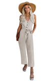 V Neck Button Belted Jumpsuit with Pockets