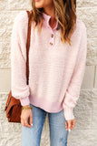 Pink Button Neckline Ribbed Trim Furry Knit Sweater