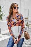 Boho Print Color Block Patchwork Zip Collar Sweatshirt