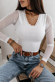 White Lace Trim Round Neck Mesh Sleeve Ribbed Top