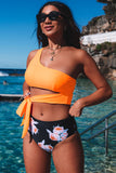 Orange One-shoulder Self-tie Floral Bottom Two-piece Bikini Set