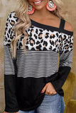 Black Leopard Striped Slash Collar Long Sleeve Blouse