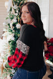Sequined Leopard Insert Plaid Sleeve Plus Size Top