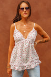 Beige Floral V Neck Flowy Tank Top