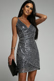 Wrap V Neck Leopard Sequin Cami Dress