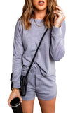Grey Ribbed Knit Drop-Shoulder Sleeve Top and Shorts Two Piece Set
