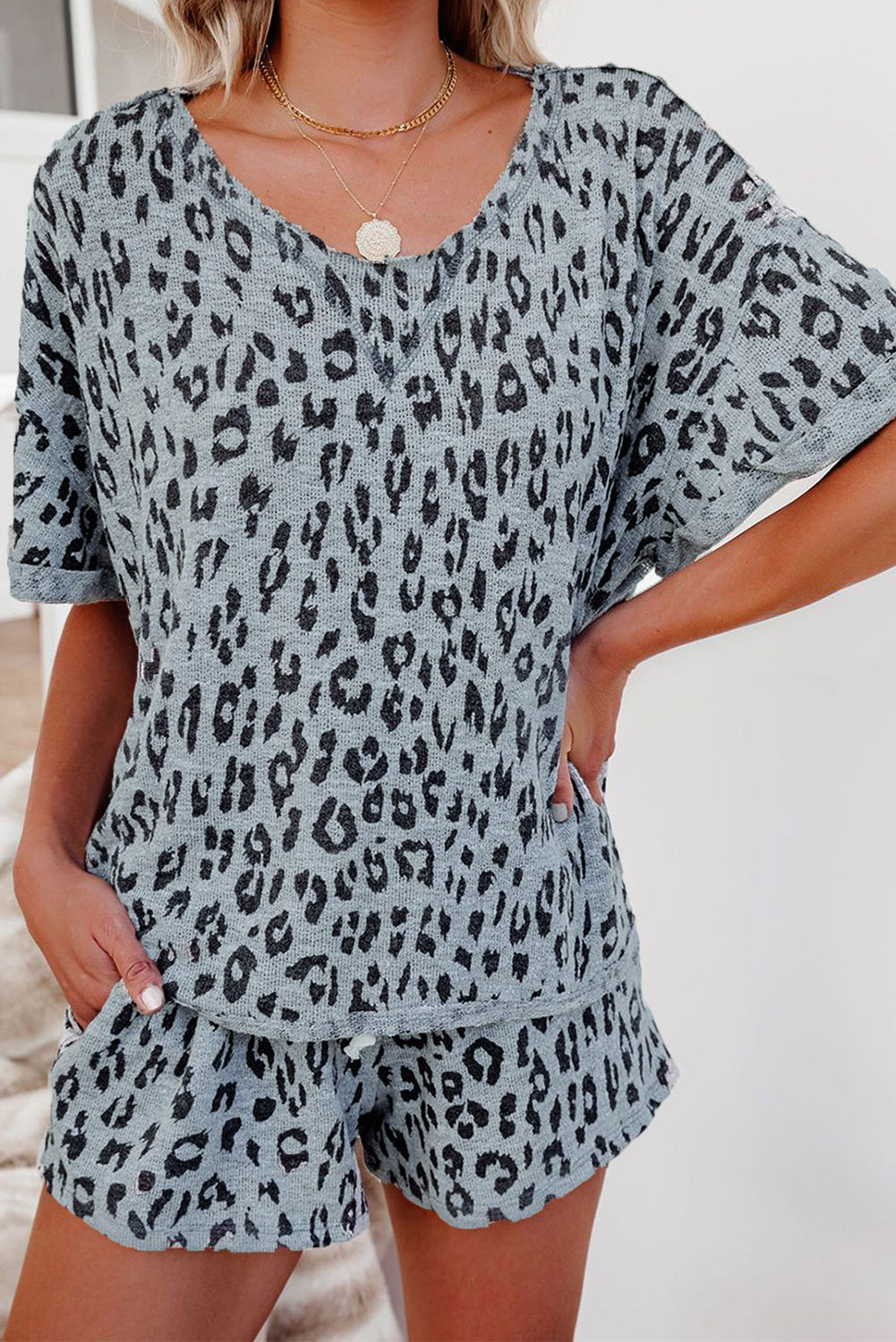 Leopard Print Rolled Sleeve Short Lounge Set