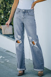 Sky Blue Loose Straight Leg High Waist Distressed Jeans