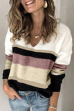 Khaki Colorblock V Neck Ribbed Knitted Sweater