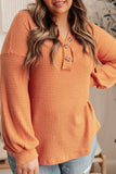 Buttoned V Neck Waffle Knit Plus Size Top