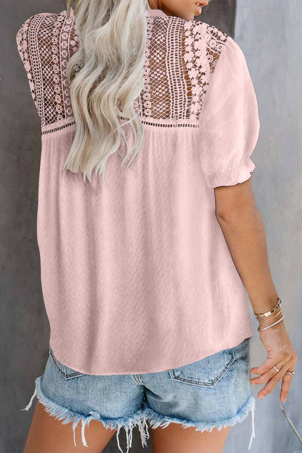 V Neck Lace Crochet Short Sleeve Shirt