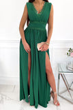 Crochet V Neck Sleeveless Ruched High Waist Maxi Dress