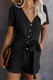 V Neck Short Sleeve Buttons Belted Romper with Pockets
