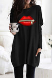 Oversize Zipped Red Lips Long Sleeve Top with Pockets
