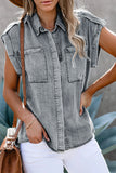 Rolled Sleeve Buttoned Denim Shirt with Pocket