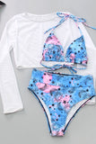 Three-piece Triangle Bikini with 3/4 Sleeve Crop Top