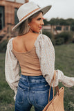 Khaki Floral Print Splicing Shirred Puff Sleeve Blouse
