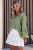 Split V Neck Ruffled Bubble Sleeves Blouse