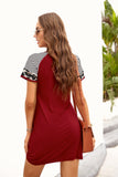 Wine Red Fashion Striped Leopard Sleeve Splicing Short Dress