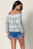 Off Shoulder Ruffle Long Sleeve Smocked Waist Lace Crochet Blouse