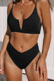 Solid Color Slit V Neck High Cut 2 Piece Bikini Set