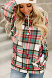 Multicolor Cowl Neck Plaid Drawstring Hoodie with Thumb Hole