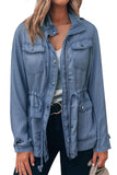 Pockets Front Zipper Buttoned Drawstring Waistline Hooded Jacket