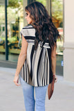V Neck Stripes Roll up Short Sleeve Zip Up Blouse