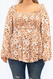 Khaki Square Neck Floral Leopard Smocked Bust Plus Size Blouse