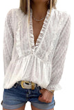 Swiss Dot Long Deep V Neck Pleated Sleeve Top