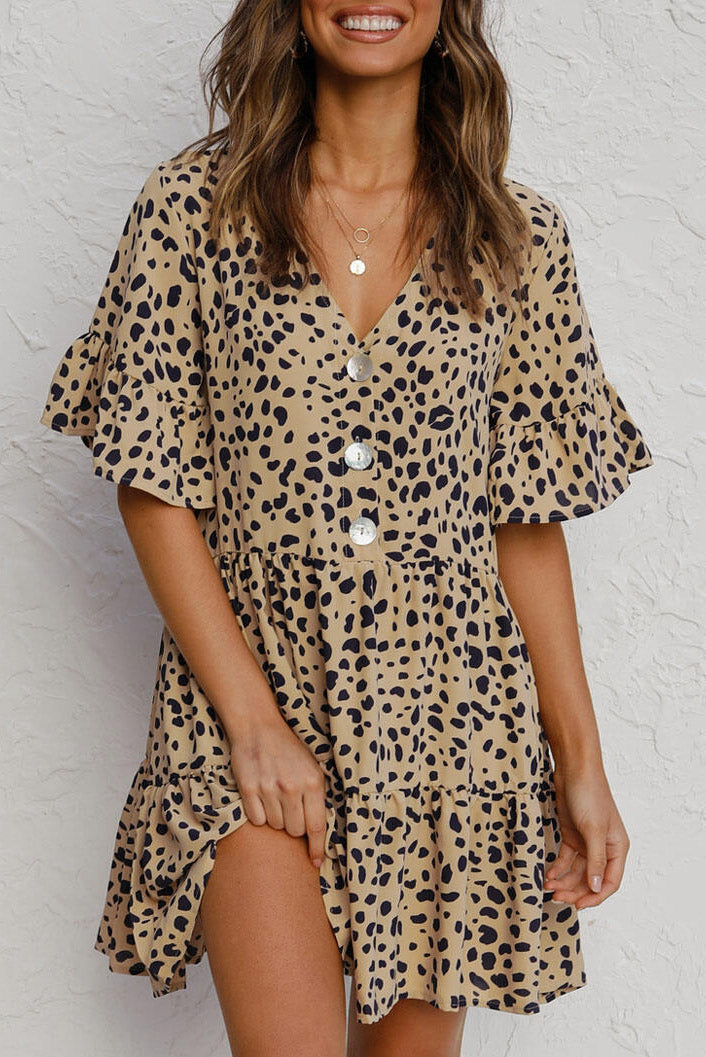 Leopard V Neck Ruffled Mini Dress with Buttons