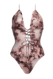 Multicolor Tie Dye Lace Up Front Plunging V One Piece Swimsuit