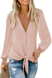 V Neck Lace Splicing Cuffs Button Knotted Blouse