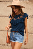 Navy Lace Splicing Ruffled Short Sleeve T-shirt