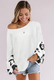 Leopard Splicing Waffle Knit Puff Sleeve Blouse