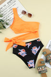 One-shoulder Self-tie Floral Bottom Two-piece Bikini Set