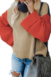 Khaki Long Sleeve Turtleneck Color Block Pullover Knit Sweater