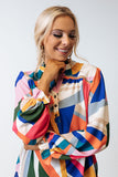 Geometric Patchwork Print Half Buttoned Blouse