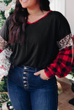 Sequined Leopard Insert Plaid Sleeve Plus Size Top